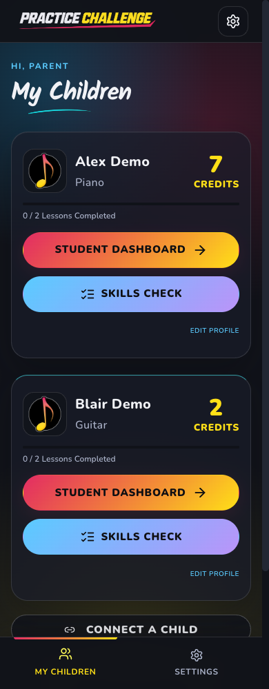 Practice Challenge My Children mobile screen showing two demo students, lesson progress, credits and Skills Check buttons