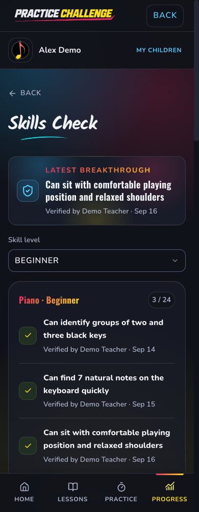 Practice Challenge mobile Skills Check showing a demo student's latest breakthrough and teacher-verified piano skills